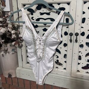 White Lace-Up One-Piece Swimsuit